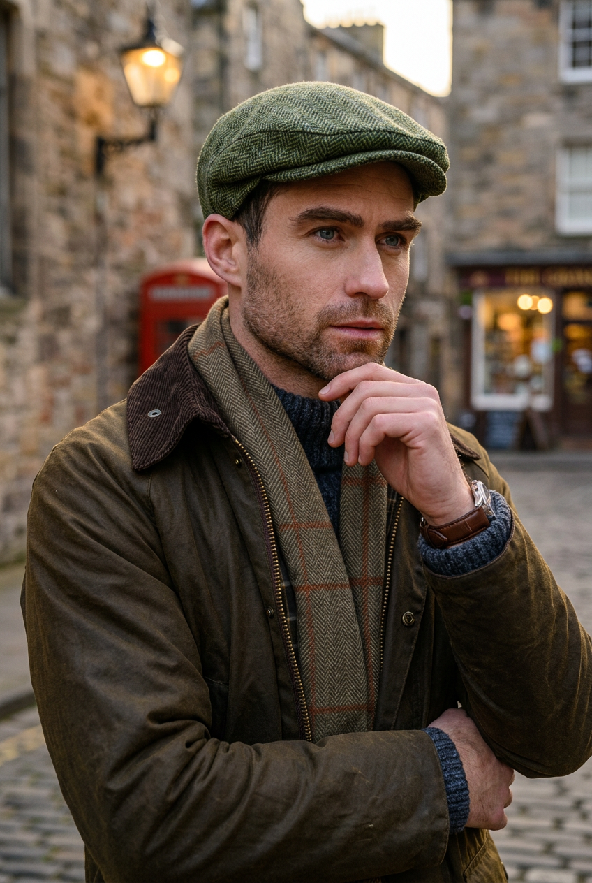 A man wearing an olive green herringbone flat cap, a brown puffer jacket, and a navy knit turtleneck, photographed outdoors with a softly blurred natural background.