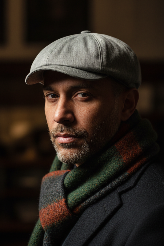 Man wearing a gray cap and colorful scarf against a blurred background