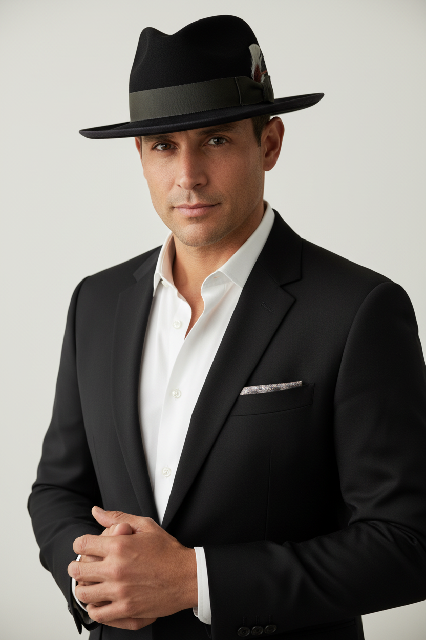 Man wearing a black suit and hat against a plain background