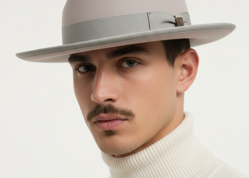 Man wearing a Bone Rabbit Fur Fedora and white turtleneck sweater against a light background