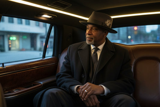 A man in a dark suit, tie, and fedora sits in the back of a luxury car with brown leather seats and warm interior lighting.