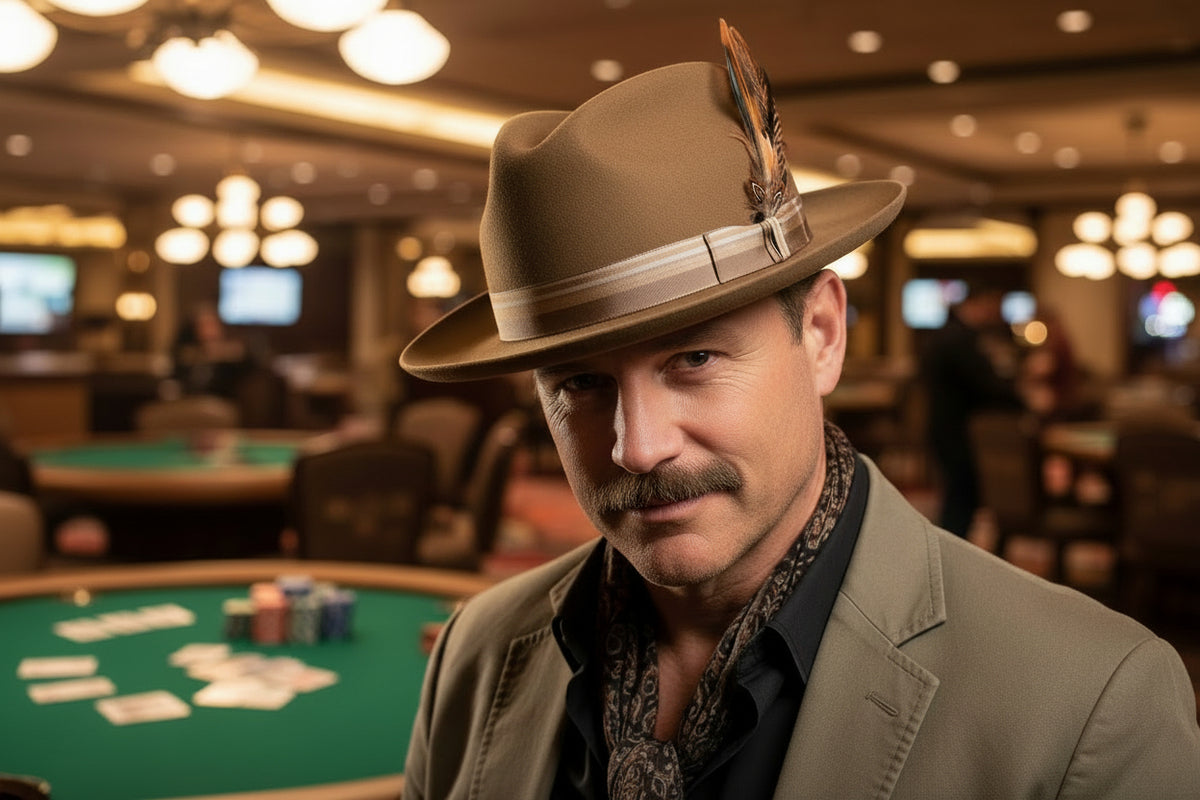 Man in a stylish hat and suit in a casino setting