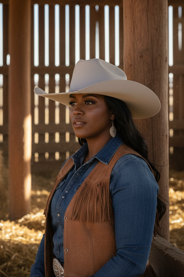 A woman wearing a white cowboy hat, brown fringe vest, and blue denim shirt stands in a rustic barn with wooden posts and hay visible in the background.