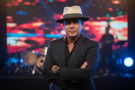 Man in a suit and hat standing with arms crossed against a colorful, blurred background