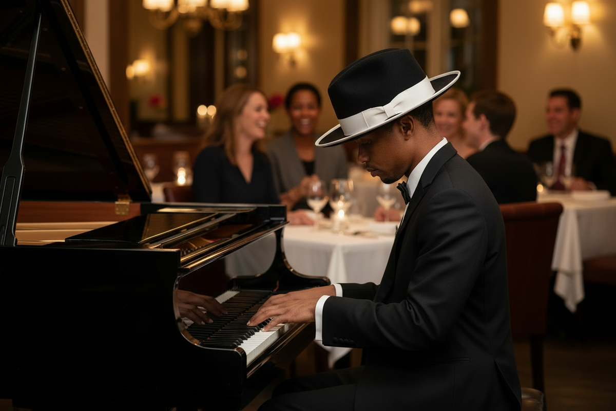 Man in a suit and hat playing a piano in a formal setting
