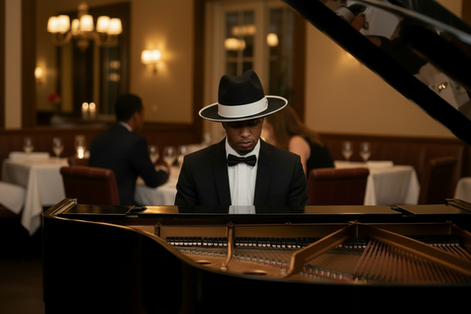 A man in a black tuxedo with a white shirt, black bow tie, and a black fedora with a white band sits at a grand piano in a warmly lit restaurant. Other diners are blurred in the background.