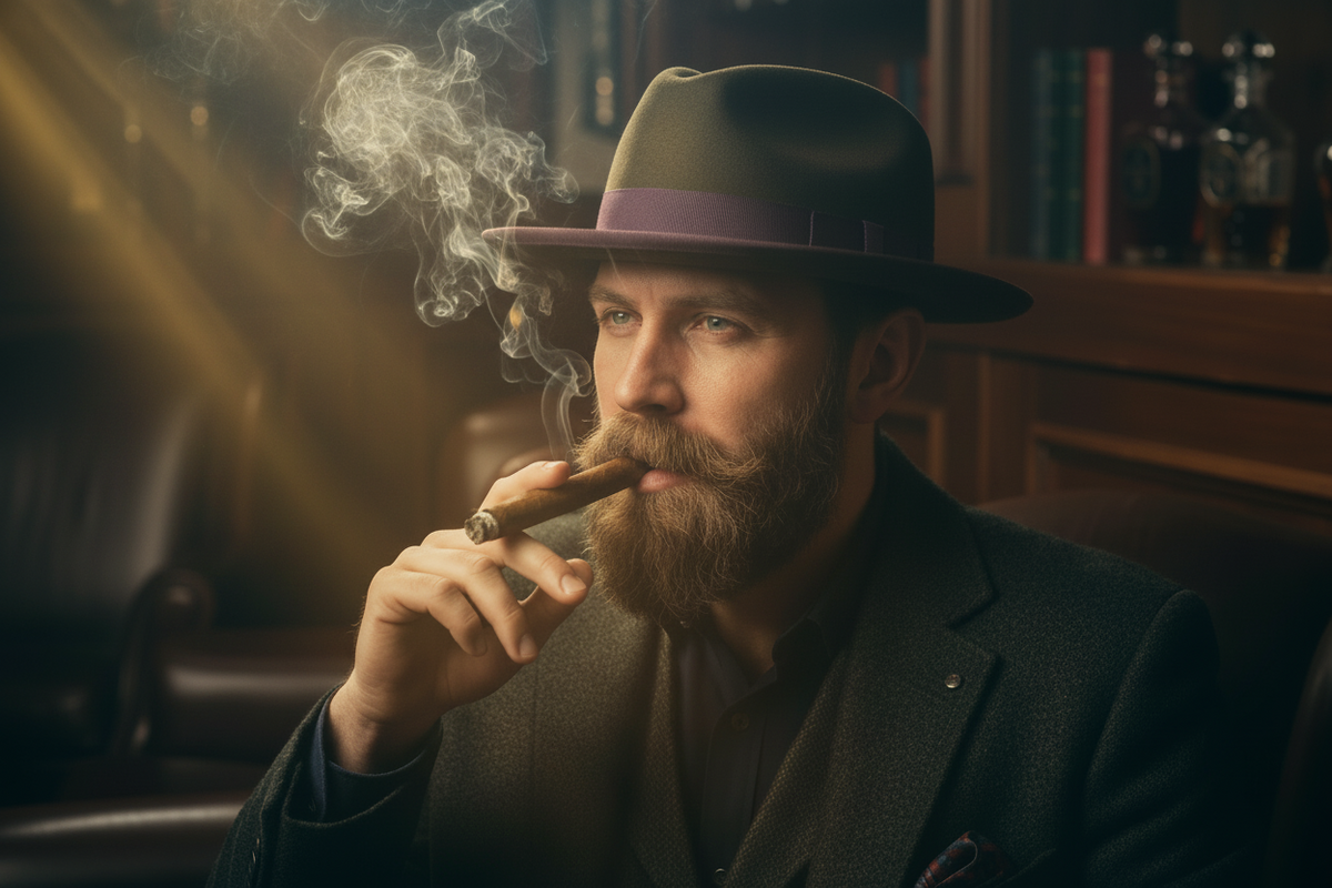 Man smoking a cigar with a vintage setting