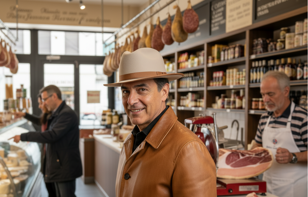Man in a leather jacket and hat standing in a deli with a smiling expression