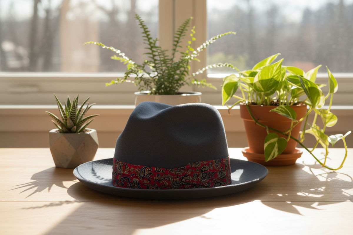 Steel grey rabbit fur felt hat with a patterned band on a black plate, surrounded by potted plants on a windowsill.