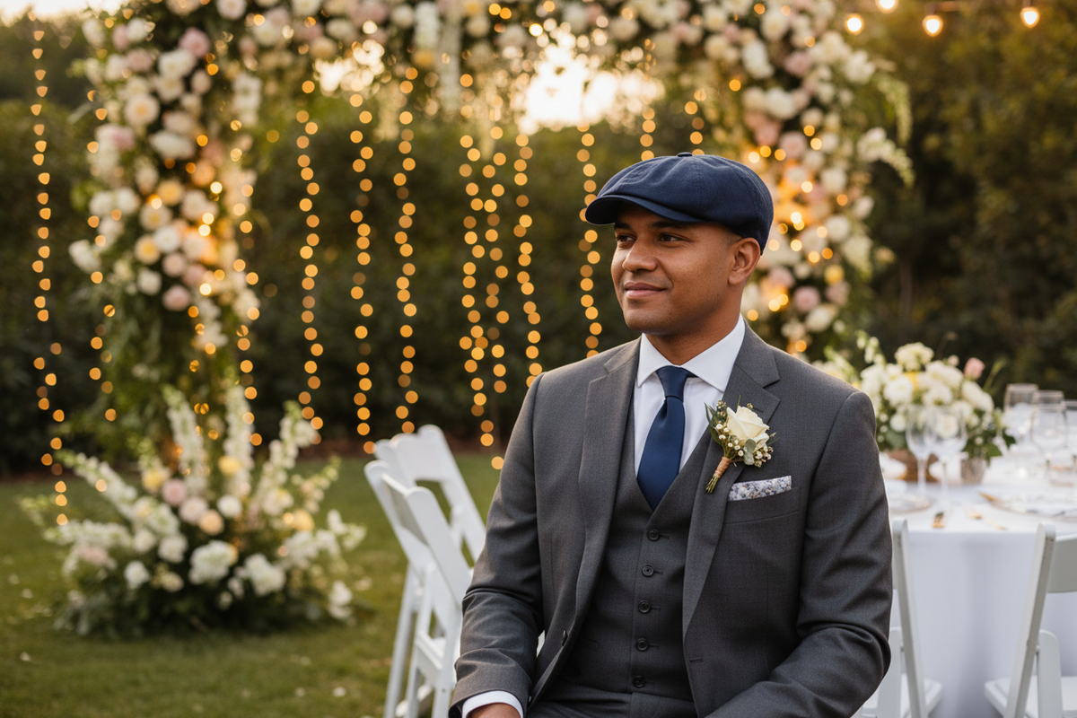 A man wearing a dark gray three-piece suit, navy blue flat cap, navy tie, and a white floral boutonniere, seated at an outdoor wedding reception with a floral arch and warm string lights in the background.