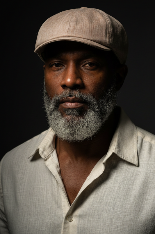 A close-up portrait of a man with a gray beard wearing a beige flat cap and a light-colored linen shirt against a dark background.