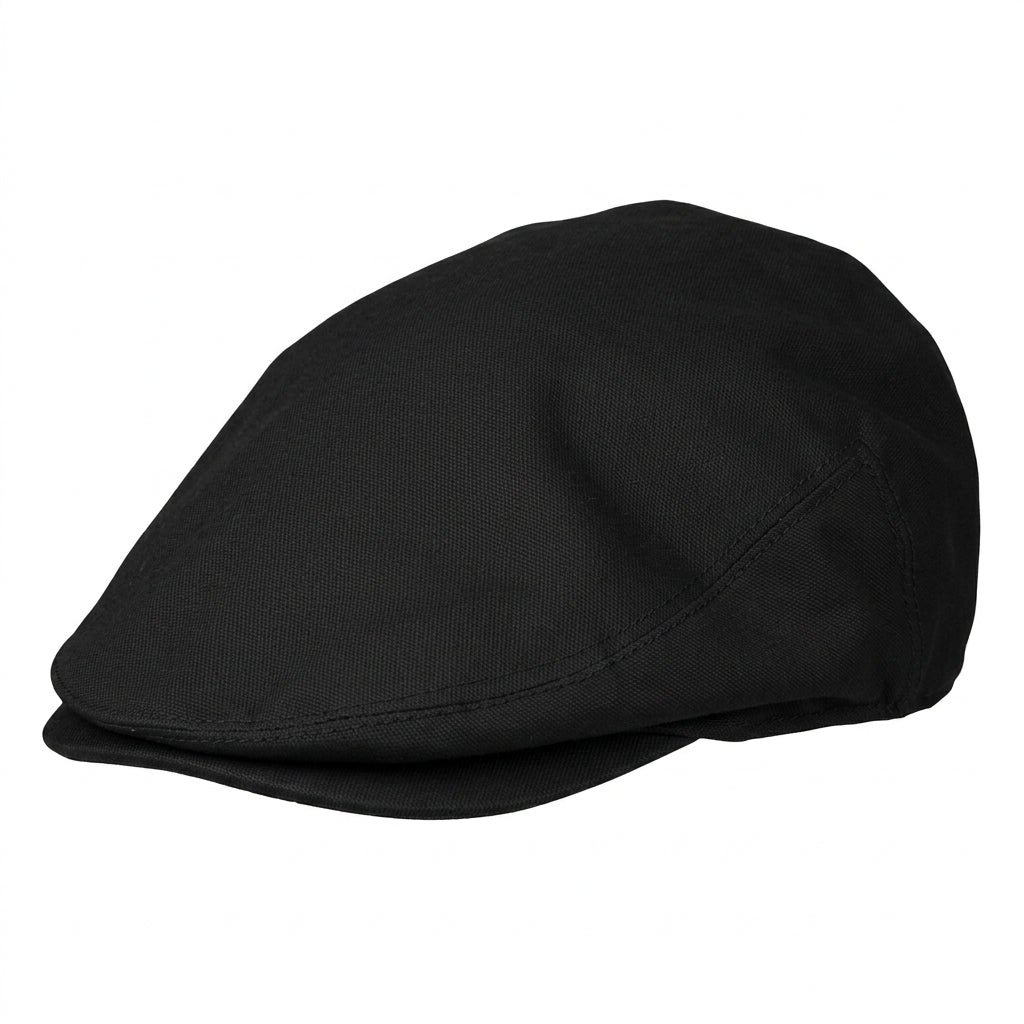 Black flat cap on a white background