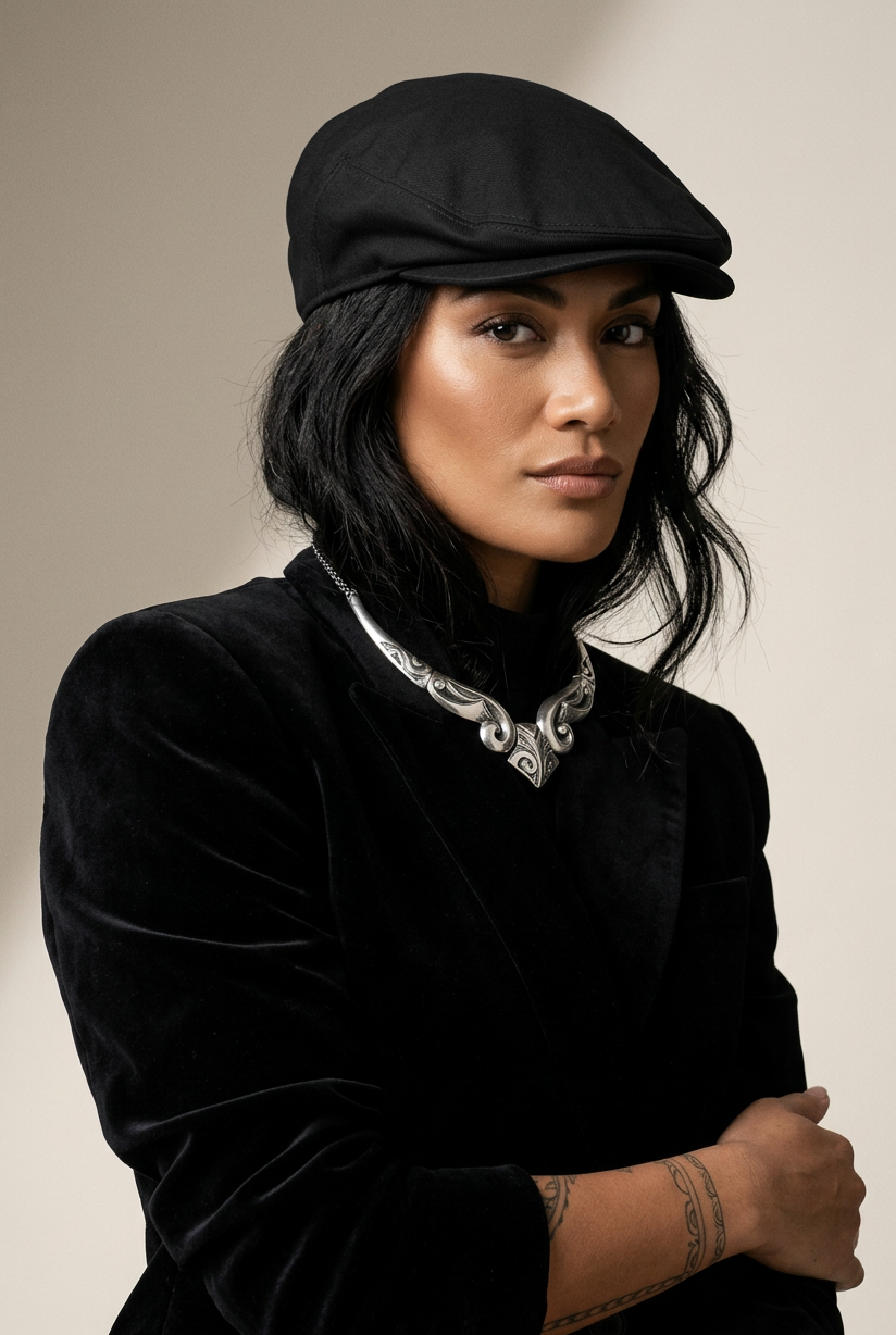 A woman wearing a black velvet blazer, a black flat cap, and a prominent silver filigree collar necklace, posed against a neutral beige background.