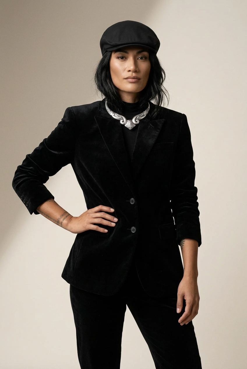 A model wearing a black velvet blazer, matching trousers, a black flat cap, and a silver statement collar against a warm beige studio background.