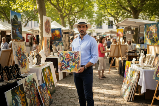 A man in a light blue shirt and white hat stands at an outdoor art market holding a colorful abstract painting. Paintings, easels, and market stalls are visible in the background among green trees.