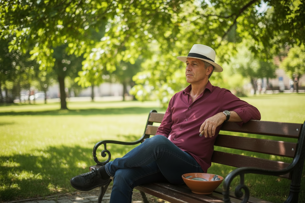 A man sitting on a wooden park bench wearing a white fedora hat, a maroon button-down shirt, and blue jeans, with a cigar in his mouth and a bowl in front of him.