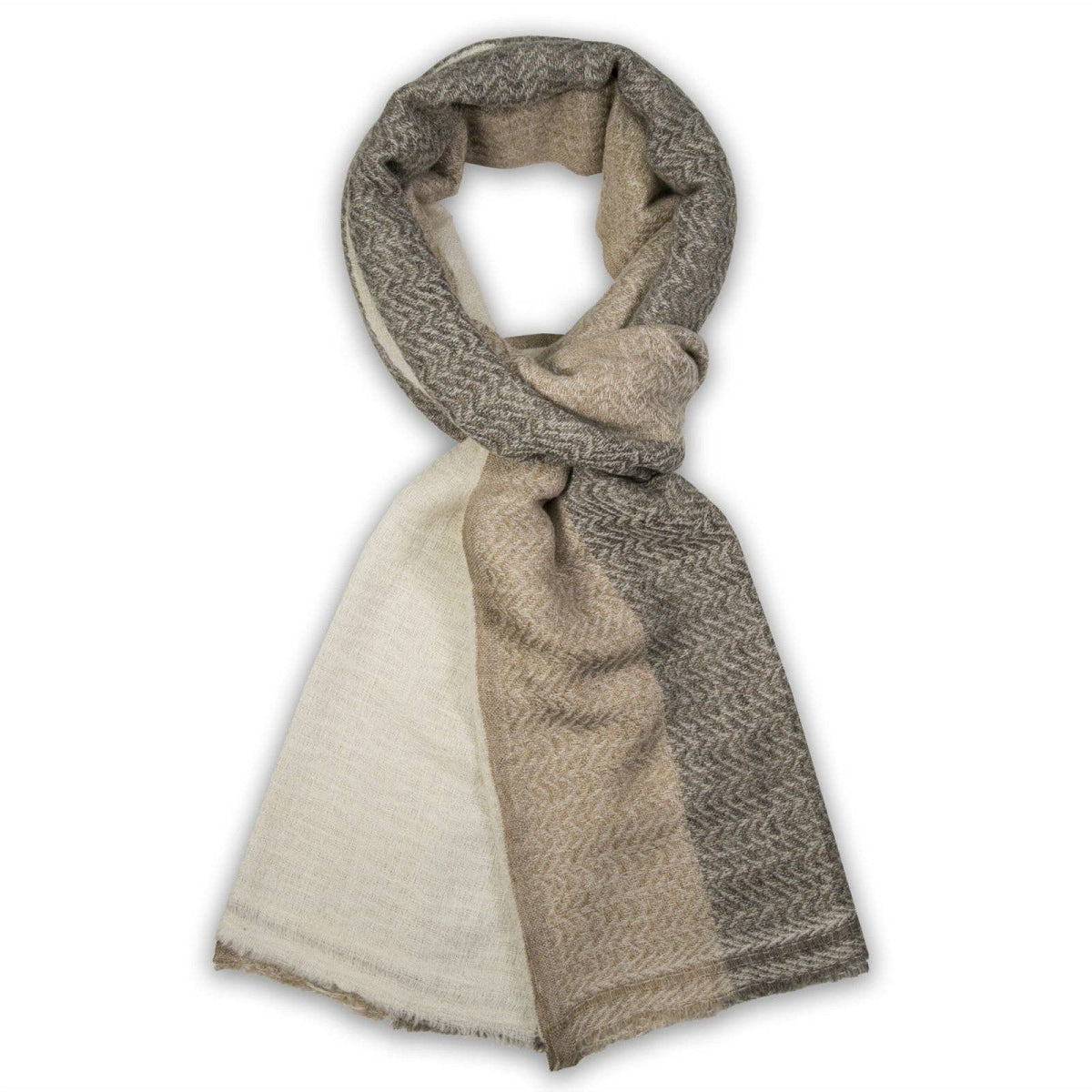 A double-sided scarf with a beige and brown herringbone pattern on one side and a solid cream/off-white color on the other, styled in a loop on a white background.