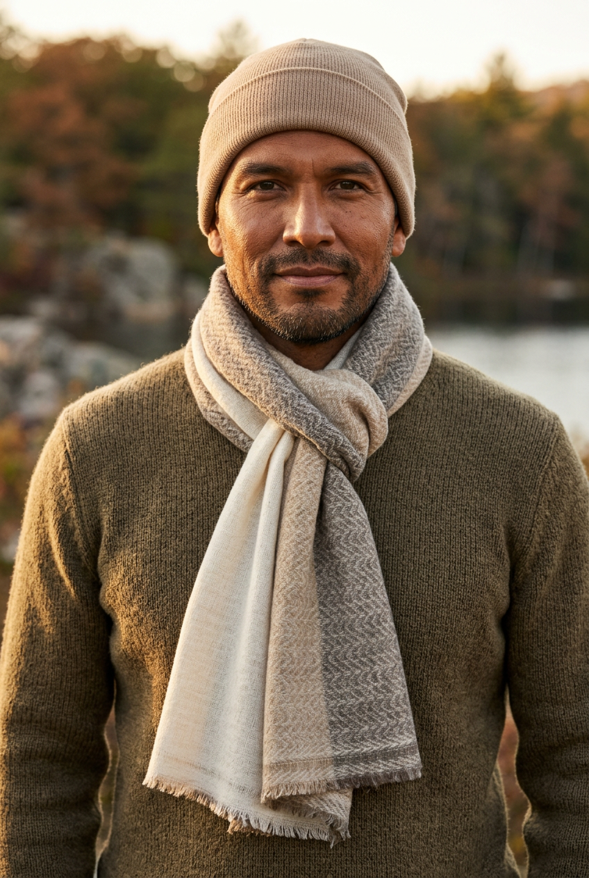 Nepali Handmade Cashmere Scarf - Tri-Beige Herringbone