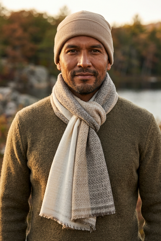 Nepali Handmade Cashmere Scarf - Tri-Beige Herringbone