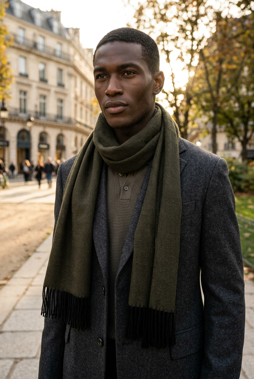 A dark brown woven scarf with fringed ends, draped in a loose loop on a white faux fur background.