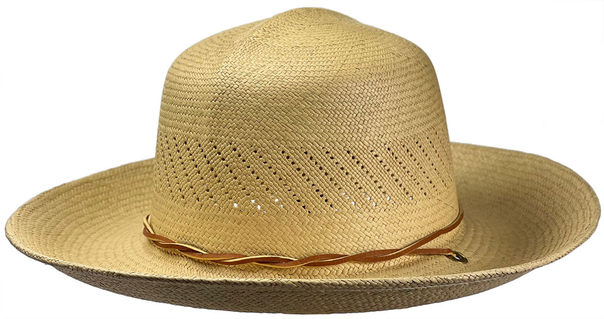Beige straw hat with a decorative band on a white background