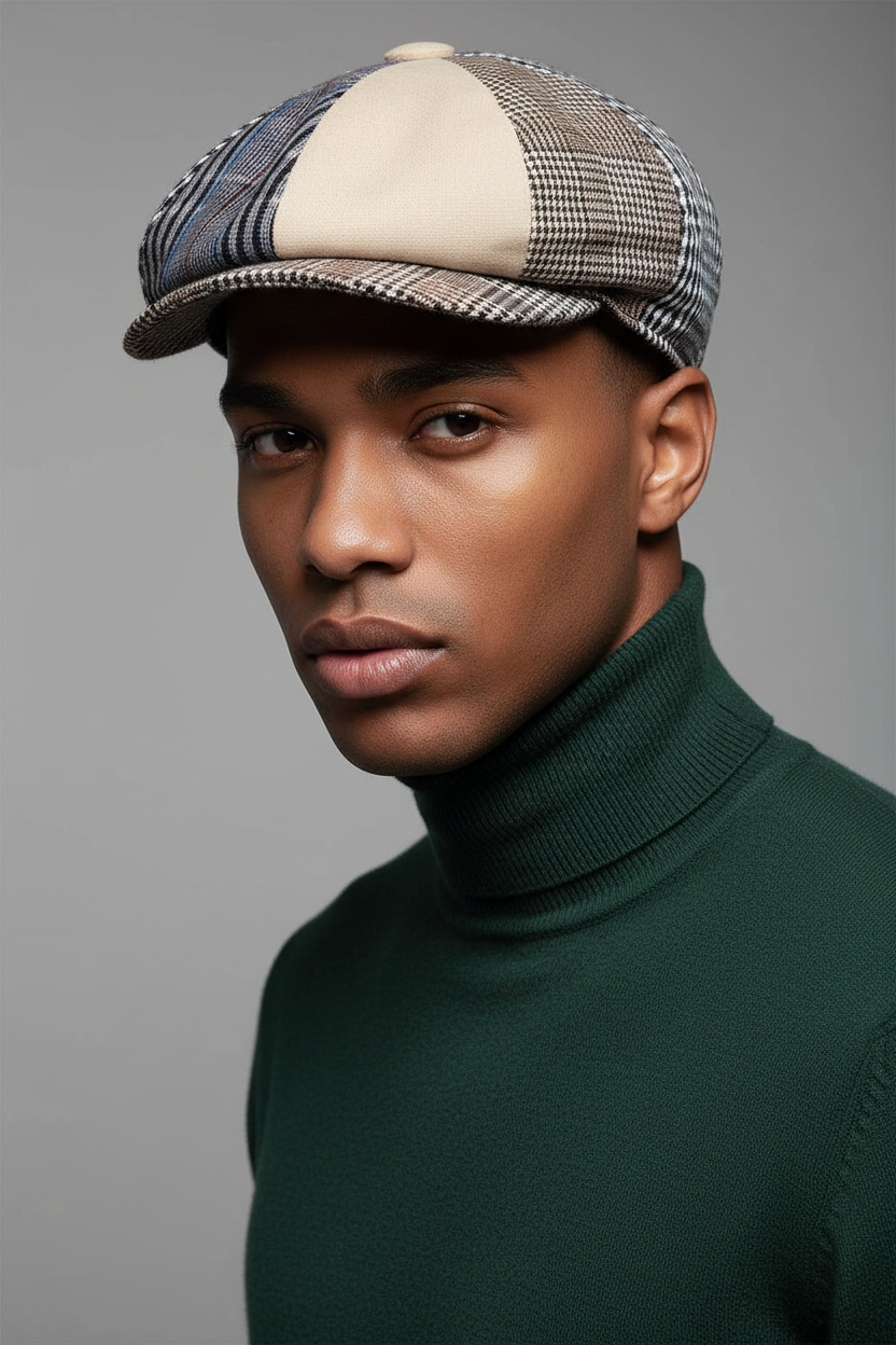 A man wearing a multi-patterned flat cap with beige, brown, and blue tones, paired with a dark green turtleneck sweater, photographed against a solid gray background.