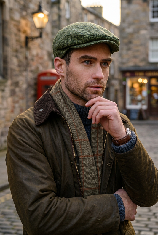 A man wearing an olive green herringbone flat cap, a brown puffer jacket, and a navy knit turtleneck, photographed outdoors with a softly blurred natural background.