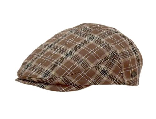 A brown and beige plaid flat cap with a small round metal badge on the side, shown against a plain white background.