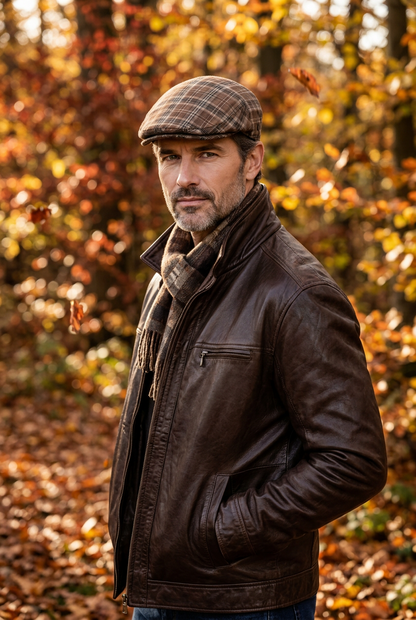A man wearing a dark brown leather jacket, a brown plaid flat cap, and a brown scarf, standing outdoors in an autumn forest with fallen leaves and colorful foliage.
