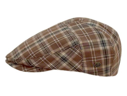 A brown plaid flat cap with white and black lines, featuring a small oval metal badge on the side, set against a plain white background.