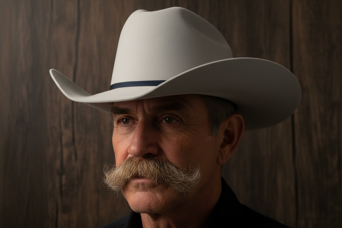 Man wearing a white cowboy hat with a dark band against a wooden background