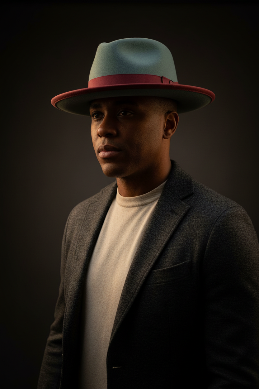 A man wearing a light blue fedora hat with a red band, a dark gray blazer, and a cream t-shirt, photographed against a dark studio background.