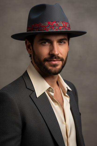 A man wearing a dark gray fedora hat with a red paisley band, a dark gray blazer, and an open cream-colored dress shirt, photographed against a neutral gray studio background.