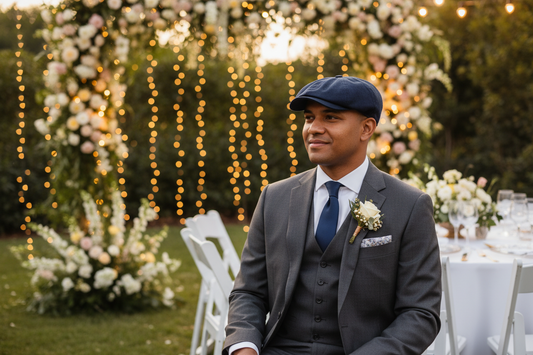 A man wearing a dark gray three-piece suit, navy blue flat cap, navy tie, and a white floral boutonniere, seated at an outdoor wedding reception with a floral arch and warm string lights in the background.