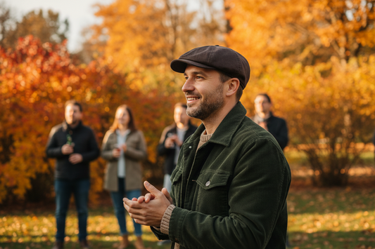 A man in a dark green jacket and brown cap stands outdoors in a park with autumn trees in the background, smiling and clapping. Other people are blurred in the background.