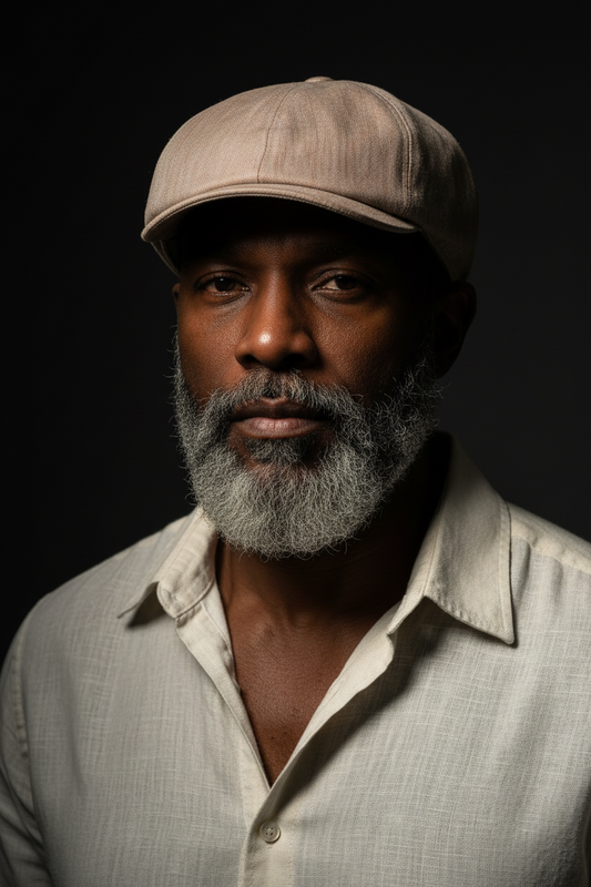 A close-up portrait of a man with a gray beard wearing a beige flat cap and a light-colored linen shirt against a dark background.