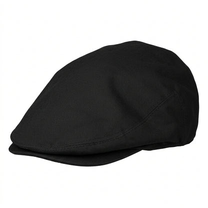 Black flat cap on a white background