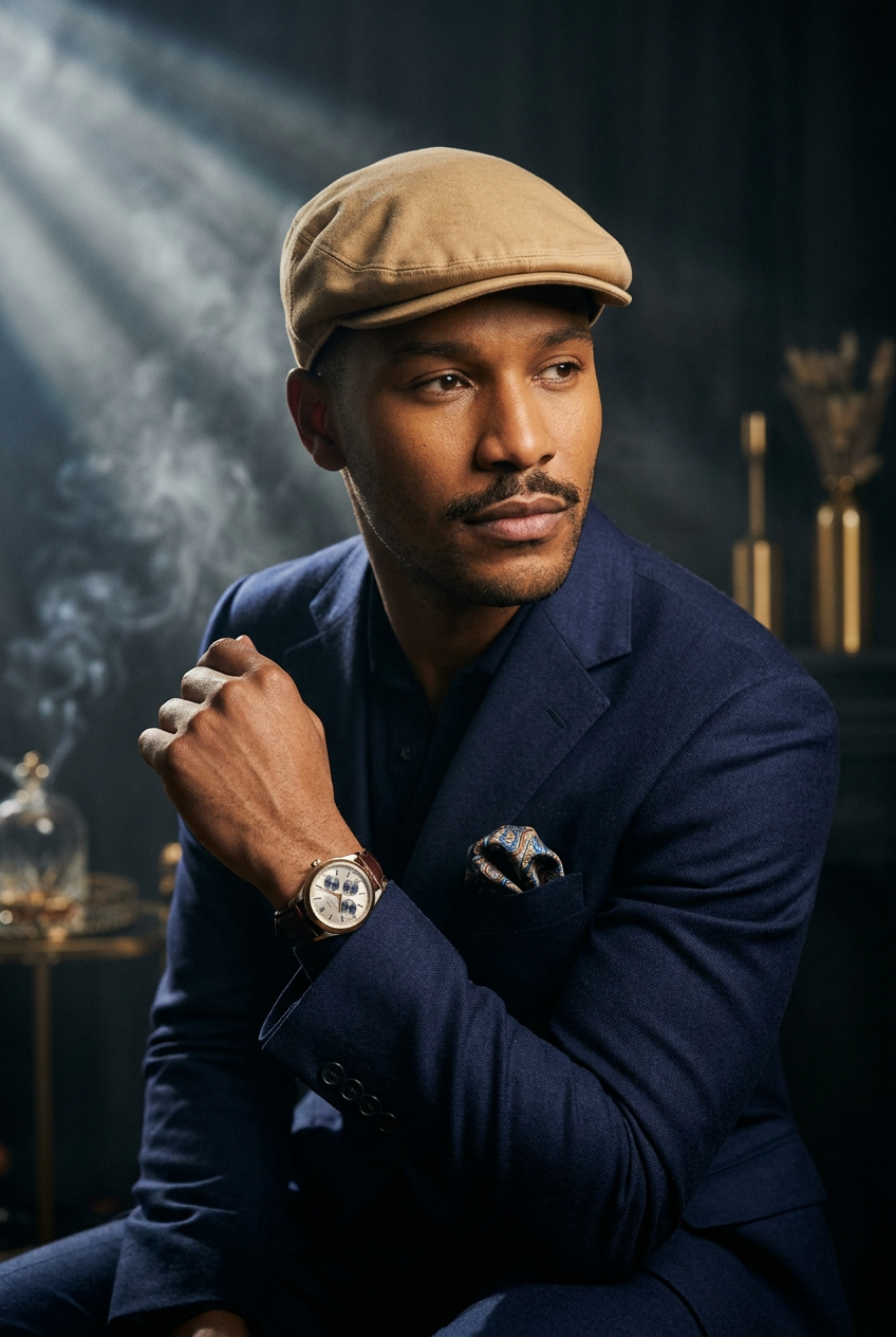 A man wearing a khaki flat cap, navy blue suit jacket, and matching navy shirt, posed in a dark, moody interior with smoke and warm spotlighting.