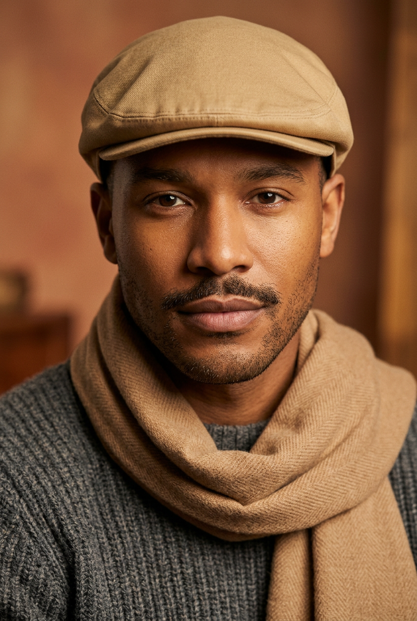 A close-up portrait of a man wearing a khaki flat cap, a matching beige scarf, and a gray ribbed knit sweater against a warm brown background.