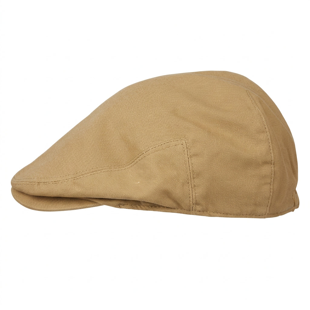 A khaki cotton flat cap shown from a side profile view against a plain white background.