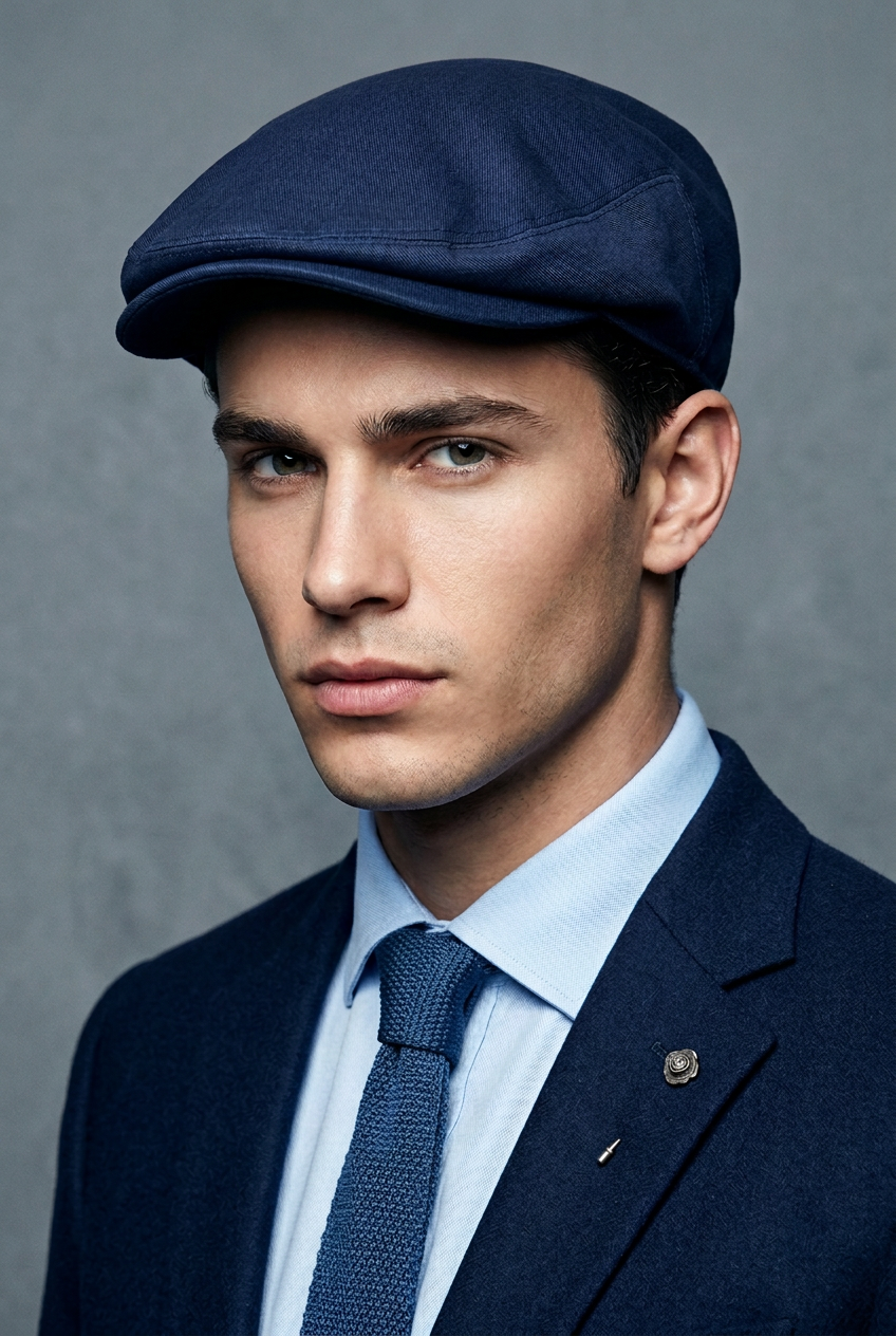 A close-up portrait of a man wearing a navy blue flat cap, a light blue dress shirt, a textured navy tie, and a dark navy blazer against a textured gray studio background.