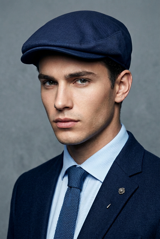 A close-up portrait of a man wearing a navy blue flat cap, a light blue dress shirt, a textured navy tie, and a dark navy blazer against a textured gray studio background.