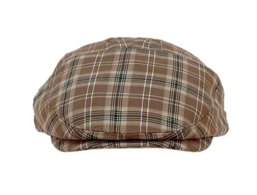 A brown plaid flat cap with white and black lines, shown against a plain white background.