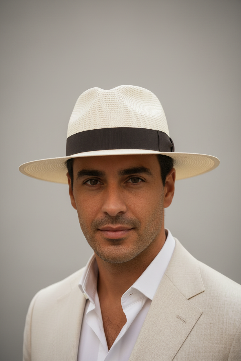A man wearing a light beige fedora hat with a black band, a cream-colored suit jacket, and a white collared shirt, photographed against a neutral gray background.