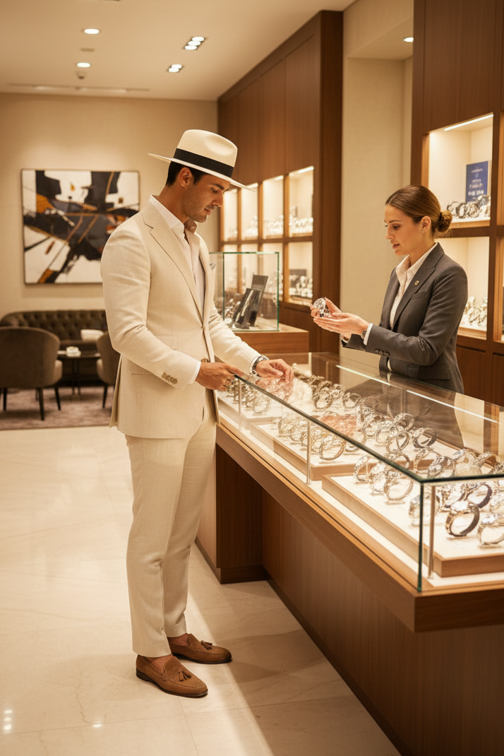 A man in a cream-colored suit and natural fedora hat stands in a luxury watch boutique, looking at a display case while a female watchmaker in a gray blazer attends to him.