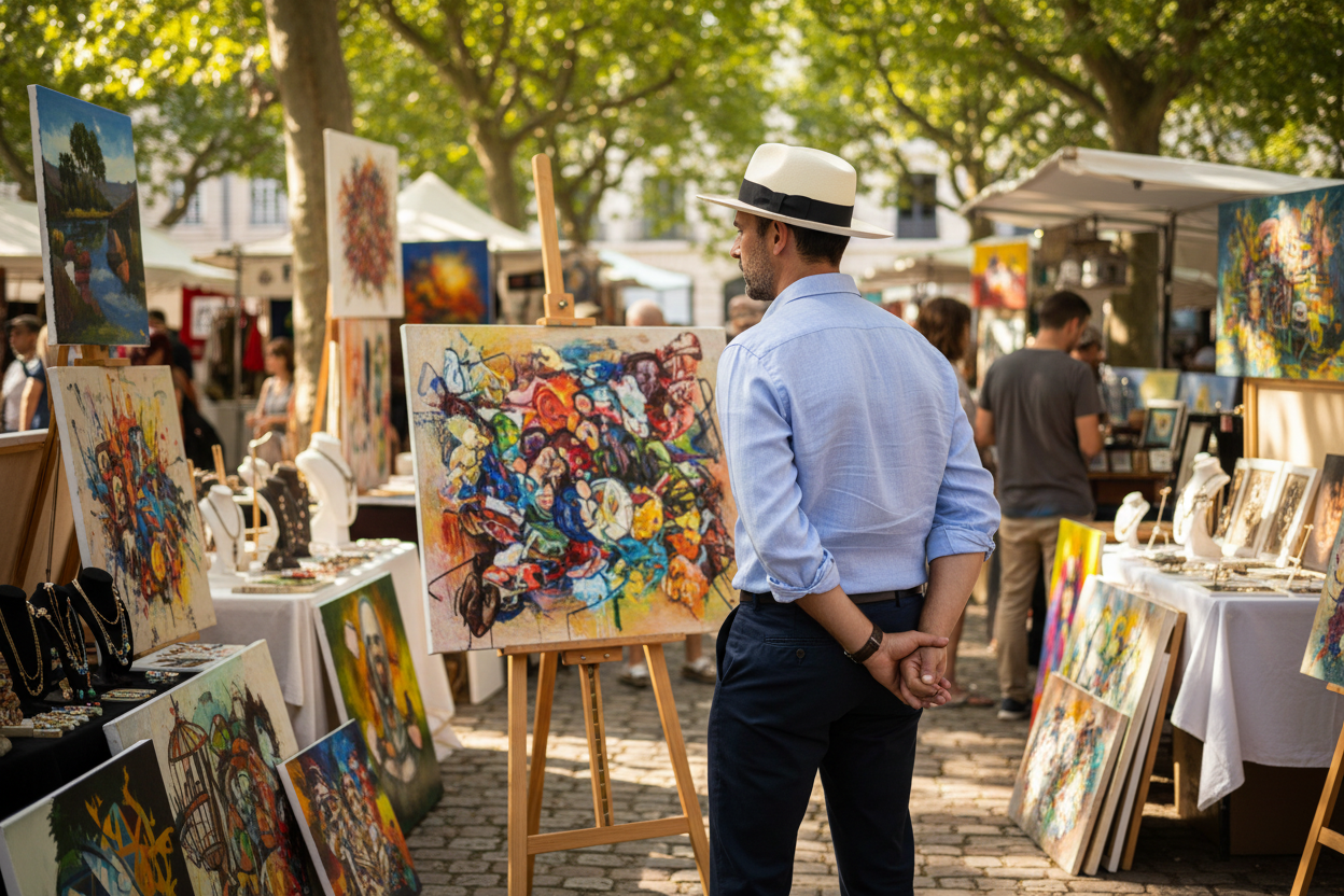 Man looking at colorful artwork at an outdoor market.