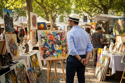 Man looking at colorful artwork at an outdoor market.