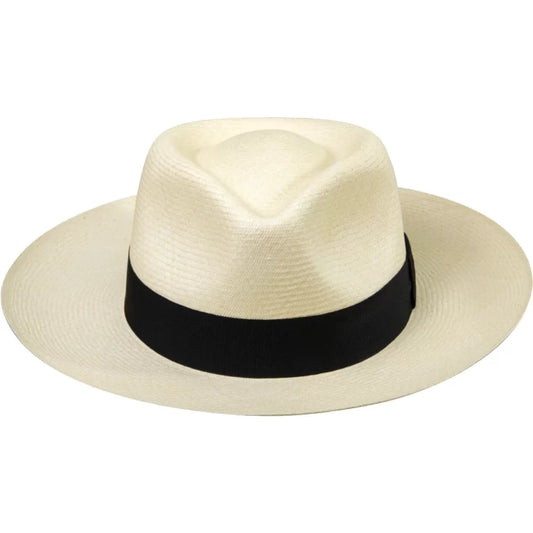 Beige straw hat with a black band on a white background