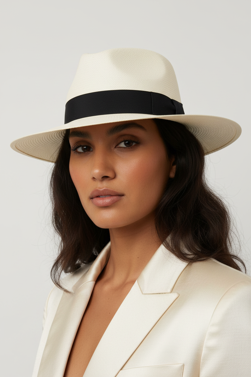 A woman wearing a cream-colored fedora hat with a black band and a matching cream blazer, photographed against a light gray studio background.