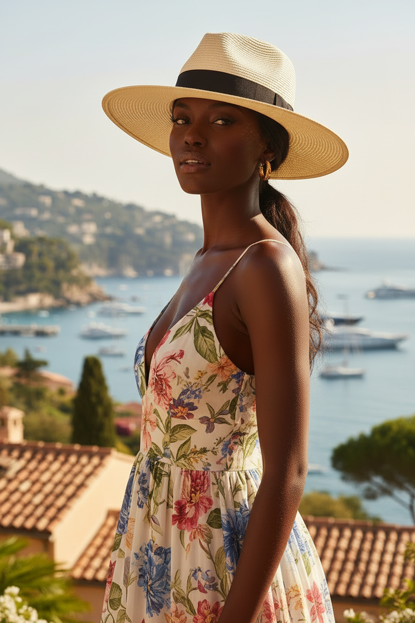 A woman wearing a straw sun hat with a black band and a cream floral spaghetti-strap dress stands outdoors with a coastal town and harbor in the background.